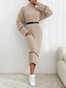 EURMUSE Color Block Mock Neck Long Sleeve Casual Dress, For Everyday Wear - Beige - View 6