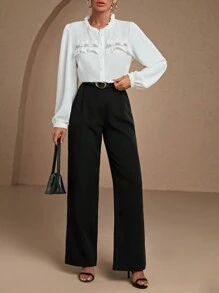 EURMUSE Women's Solid Color Ruffle Hem Long Sleeve Elegant Blouse, Autumn - White - View 4