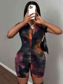 Slaydiva 休闲基本款扎染罗纹针织连体裤，圆领拉链短袖短裤，女款，简约夏季风格 - 彩色 - 查看 4