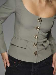 MISSGUIDED 专业修身西装外套，双纽扣前襟，带装饰五金，秋季春季办公室着装，个性夹克，高级时尚商务工作服，定制女士外套