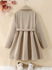 SHEIN Serisse Kids Abrigo largo de forro polar de color caqui sólido y simple para niñas preadolescentes, adecuado y cálido para otoño e invierno, uso diario, ocasión casual, vuelta al colegio