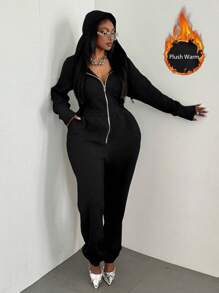 Maweii Plus Size Solid Color Front Zipper Long Sleeve Casual Jumpsuit With Pockets - Black - View 1