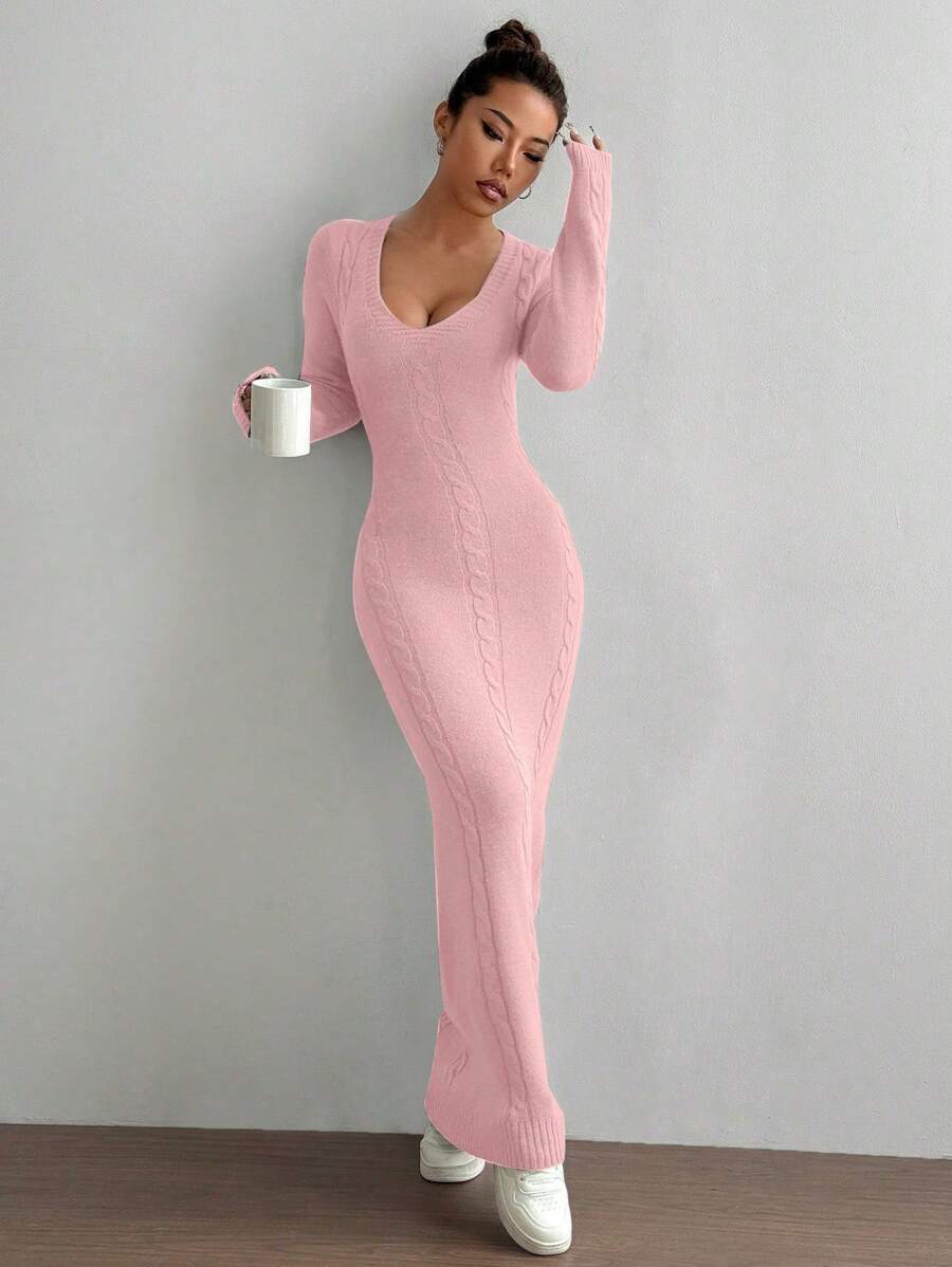 SHEIN Unity Long Casual V-Neck Versatile Sweater Dress - Baby Pink - View 1