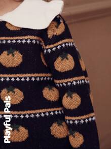 SHEIN 1 Pc Young Girl Sweater Ruffle Collar Splicing Fun Fruit Jacquard Cute/Vintage/Casual/Home/Outdoor Winter/Fall - Multicolor - View 3