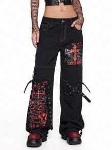 ROMWE Grunge Punk Women's PUNK Style Skeleton, Spider Web, Cross Print Patchwork Eyelet Belted Denim Jeans - Black - View 4