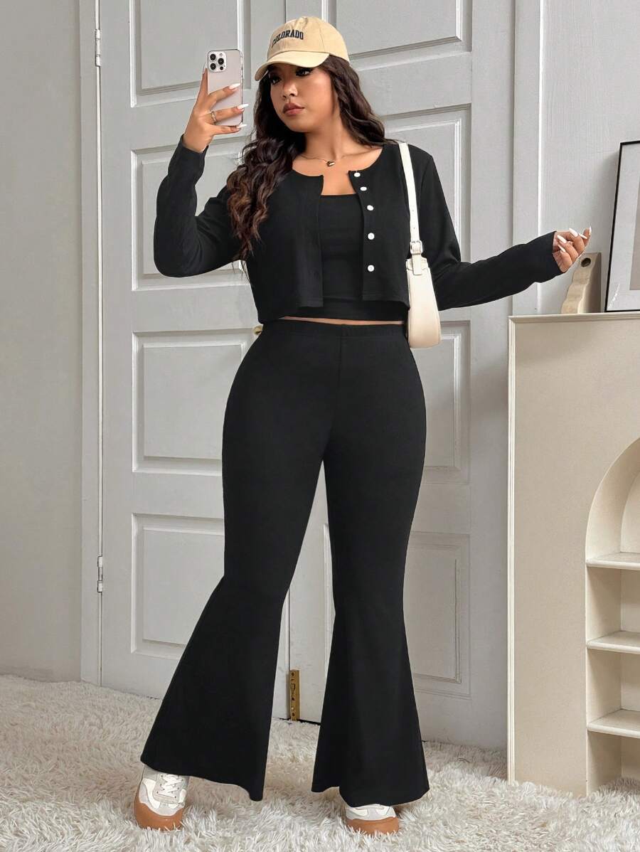 SHEIN EZwear 大码前扣长袖休闲上衣和裤子两件套 - 黑色 - 查看 1