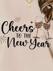 SHEIN LUNE 欢呼新年豹纹酒杯图案休闲超大圆领长袖运动衫，女式冬季假日