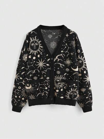 Goth Cardigan oversize a maglia larga con motivo jacquard a stelle e lune mistiche
