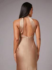 Silquee Gaun Panjang Satin Emas Champagne Elegan untuk Wanita, Desain Belahan Punggung Terbuka untuk Musim Panas, Cocok untuk Makan Malam, Pesta Koktail, Pernikahan, Pengiring Pengantin, dan Pakaian Malam Formal. - Khaki - View 7