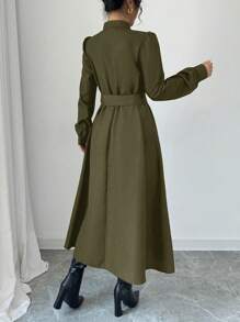 Elenzga Vestido Longo Sólido de Inverno para Mulheres com Manga Longa, Colarinho Reto, Zíper Até a Cintura e Amarração na Cintura, para Looks Elegantes, Casuais, Negócios e Viagens - Verde Militar - Visão 2