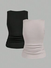 SHEIN LUNE 2 件套女士休闲纯色保暖内衬保暖无需穿胸罩，修身吊带背心，适合秋冬季 - 彩色 - 查看 2