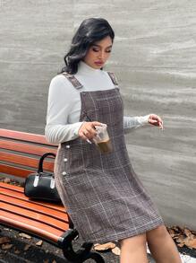 SHEIN EZwear 大码女式冬季连衣裙、休闲连衣裙、棕色千鸟格编织紧身毛衣连衣裙