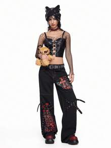 ROMWE Grunge Punk Women's PUNK Style Skeleton, Spider Web, Cross Print Patchwork Eyelet Belted Denim Jeans - Black - View 5