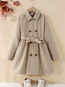 SHEIN Serisse Kids Abrigo largo de forro polar de color caqui sólido y simple para niñas preadolescentes, adecuado y cálido para otoño e invierno, uso diario, ocasión casual, vuelta al colegio