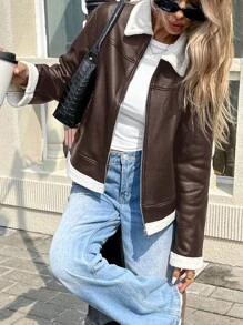 SHEIN Frenchy Chaqueta de motociclista para mujer con cremallera frontal, manga larga, bolsillo, y detalles de piel sintética y de pelo sintético
