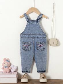 SHEIN Baby Girl Casual Versatile Comfy Washed Soft Vacations Shorts Overalls With Butterfly Embroidery, Elastic-Free, Lightweight Spring & Autumn - Medium Wash - View 1