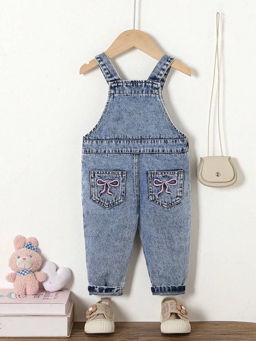 SHEIN Baby Girl Casual Versatile Comfy Washed Soft Vacations Shorts Overalls With Butterfly Embroidery, Elastic-Free, Lightweight Spring & Autumn - Medium Wash - View 1