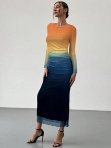 Aloruh American Style Gradient Mesh Strapless Bodycon Dress - Multicolor - View 4