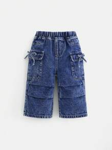 Cozy Pixies Baby Girl Street Style Washed Multi-Pocket Elastic Waist Wide Leg Cargo Denim Pants With Bowknot And Pleated, Year-Round Fashion Essential - Medium Wash - View 3