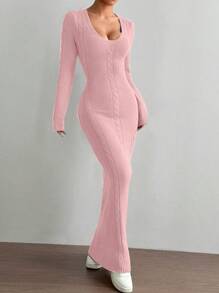 SHEIN Unity Long Casual V-Neck Versatile Sweater Dress - Baby Pink - View 3