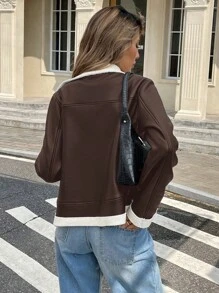 SHEIN Frenchy Chaqueta de motociclista para mujer con cremallera frontal, manga larga, bolsillo, y detalles de piel sintética y de pelo sintético