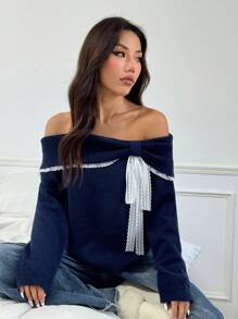 Flirla Women Off Shoulder Casual Cute & Playful Contrast Lace Short Sweater Knit Pullover Fall Winter Outfit - Navy Blue - View 7