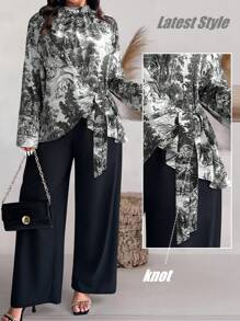 SHEIN Clasi 2pcs/Set Plus Size Stand Collar Long Sleeve Printed Top And Full Length Pants - Black and White - View 1