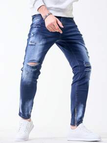 Manfinity Homme Men's Pocket Distressed Minimalist Casual Super Skinny Jeans, Frayed Plain Dark Blue Slim Fit Long Ripped Jeans, For Husband, Boyfriend Gifts - Dark Wash - View 4