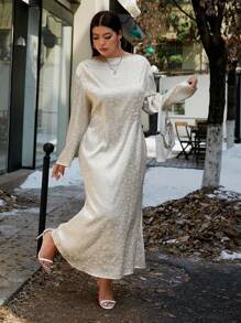 SHEIN Unity 加大码长袖围脖领垂坠长款紧身礼服 - 杏色 - 查看 6