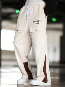 Manfinity Homme Plus Size Men's Letter Print Cargo Pockets Straight Leg Loose Casual Pants, Going Out Color Block Slacks Pants, For Husband, Boyfriend Gifts