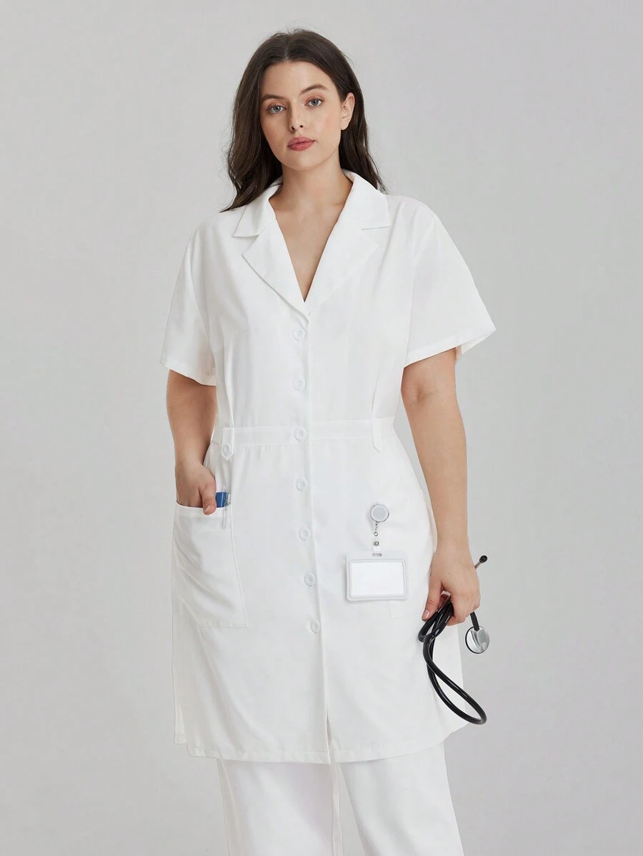 TaskEZ Plus Size Women Solid Color Lapel Short Sleeve Single-Breasted Loose Nurse Dress - White - View 1