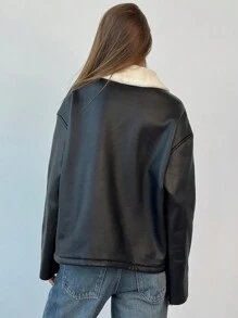 Aloruh 谷仓夹克，女士秋冬新款日常旅行通勤时尚长口袋保暖内衬保暖毛绒皮革毛领夹克拉链外套 - 黑色 - 查看 4