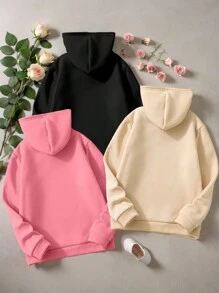 SHEIN 三件装少女休闲爱心豹纹印花卫衣，带保暖内衬，黑色、浅粉色、杏色，适合日常和户外穿着。 - 彩色 - 查看 2