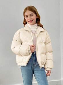 SHEIN Tween 女童纯色立领厚款宽松休闲短款棉服外套 - 米色 - 查看 5