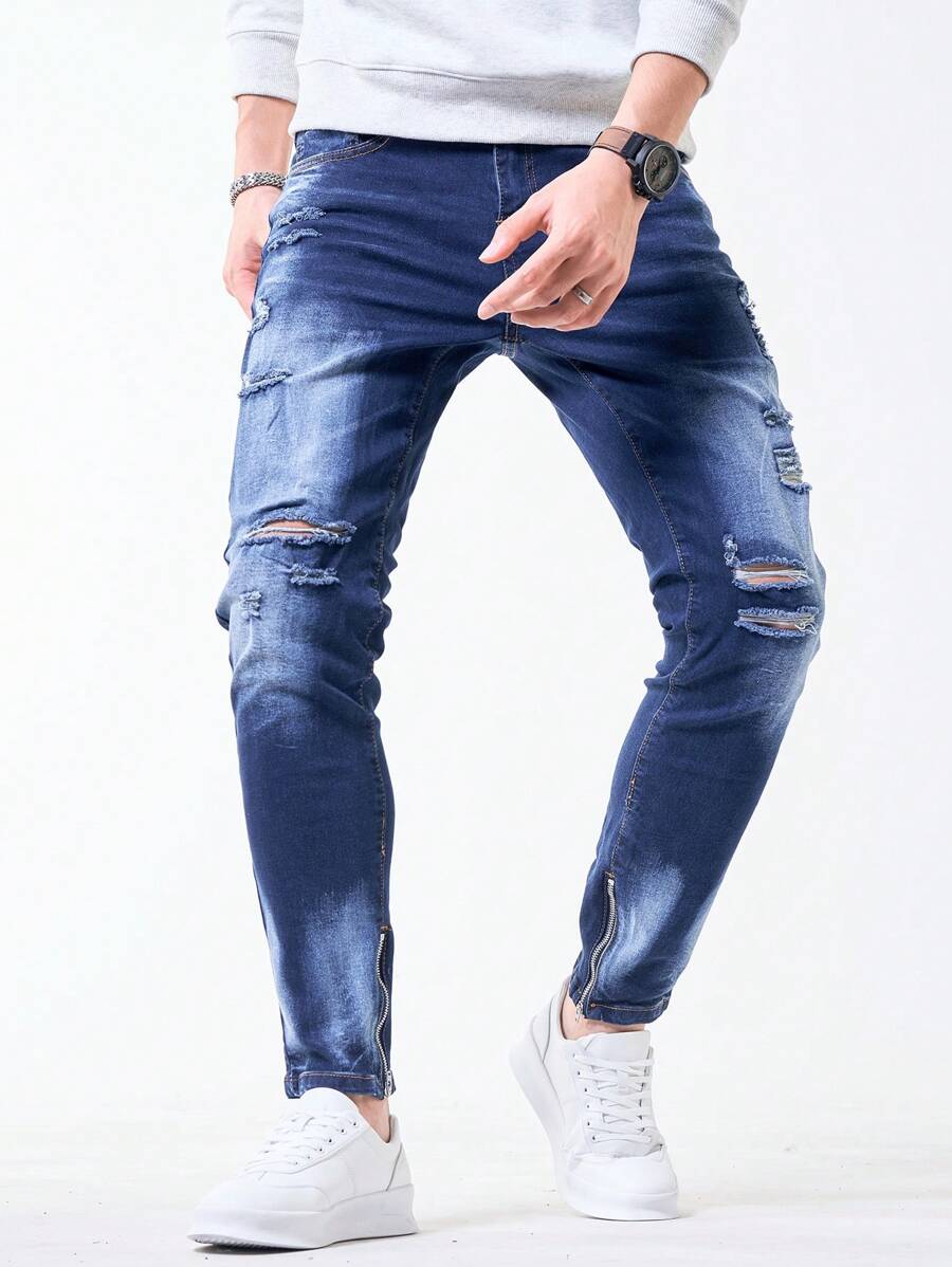 Manfinity Homme Men's Pocket Distressed Minimalist Casual Super Skinny Jeans, Frayed Plain Dark Blue Slim Fit Long Ripped Jeans, For Husband, Boyfriend Gifts - Dark Wash - View 1