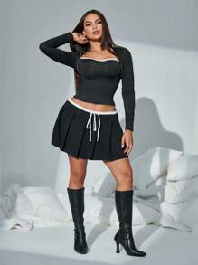 SHEIN SXY Váy xếp ly đen trắng tương phản dành cho nữ; Quần áo mùa thu cho nữ; Váy đen; Váy xếp ly; Thời trang đa năng tối giản - màu đen - Xem 3