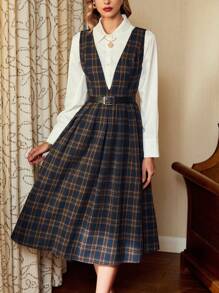 Vintamour Retro Classic Elegant Women's Pinafore Dress Sleeveless Plaid Dress With Flared Hem Valentine's Day Dresses For Women Elegant Business Casual Woman Church Clothes Women