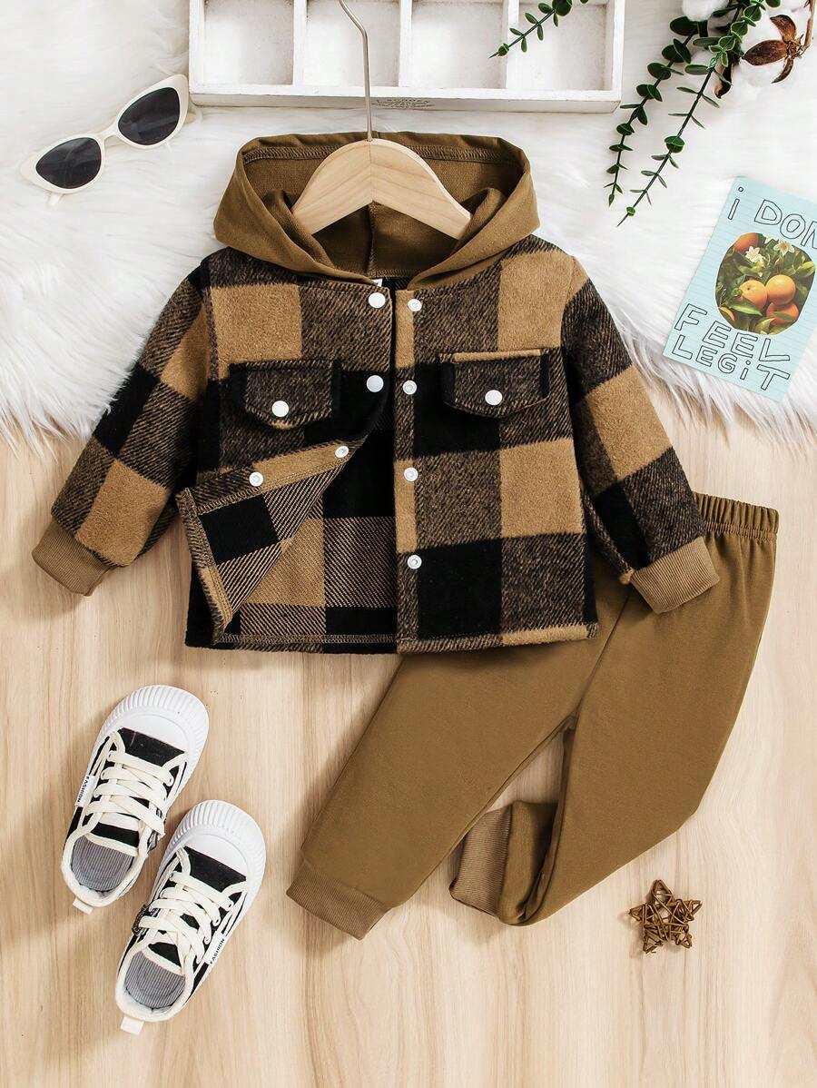 SHEIN 2pcs/Set Baby Girl Fuchsia Plaid Classic Fashionable Chic Cute Sports & Casual Outfit, Autumn/Winter - Multicolor - View 1