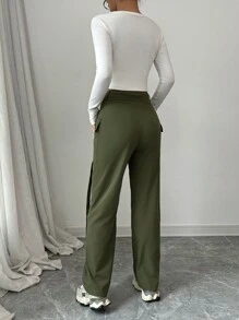 Chiquease Straight Leg High Waist Casual Cargo Pants For Women - Olive Green - View 2