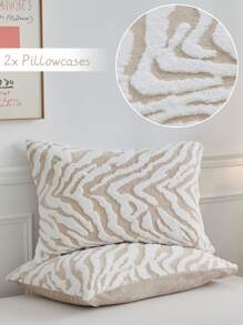 2 件驼色斑马条纹羊羔绒枕套，简约现代涤纶毛绒舒适保暖枕套，适合秋冬季 - 卡其色 - 查看 1