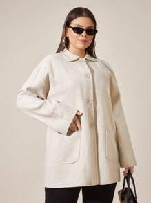 RueChic Cotton Knitted PLUS Overcoat Drop Shoulder Double Pocket Coat Easy To Style Perfect For Autumn And Winter - Beige - View 6