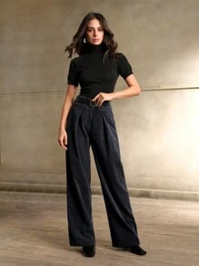 Anewsta Korean Style Loose Waist High Waist Versatile Draping Casual Corduroy Straight Leg Pants, Navy Blue