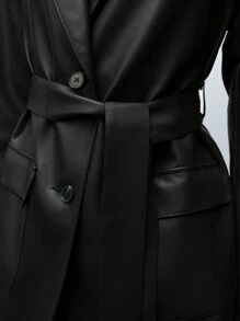 Maija Women's Early Spring Solid Color Lapel Collar Long Sleeve PU Leather Fashion Blazer