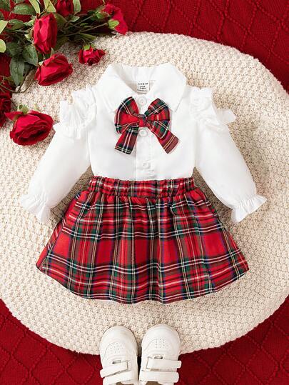 SHEIN Baby Girl Christmas Open Shoulder Ruffle Collar Bow Long Sleeve Top & Plaid Pleated Skirt 2pcs Suit Set, Warm And Comfortable Clothes, Cute Outfit For Autumn/Winter