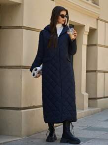 EURMUSE Women's Simple Padded Hooded Long Winter Coat - Navy Blue - View 3