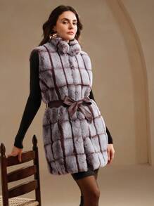 Anewsta 欧美风格蓬松时尚百搭女士仿兔毛短上衣，简约女士立体图案中长背心夹克 - 淺灰色 - 查看 6