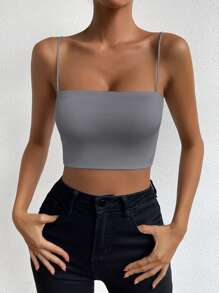 Chiquease 女士纯色细肩带简约背心，休闲日常穿着 - 深灰色 - 查看 3