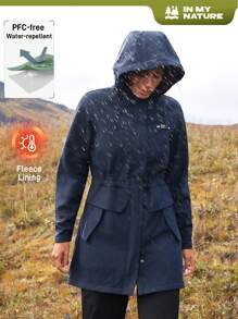 In My Nature Women's Outdoor Hooded Mid-Length Composite Sherpa Windbreaker Jacket, Water-Resistant, Cinched Waist, For Camping, Hiking, Commuting