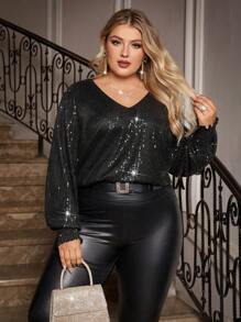 SHEIN Clasi Blusa larga de manga larga con escote en V y cuentas suelta para mujer de talla grande