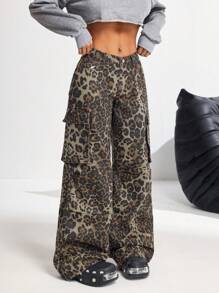 SHEIN PETITE Pantalones vaqueros de cintura baja y pierna ancha sexy para mujer, pantalones cargo de algodón con estampado de leopardo